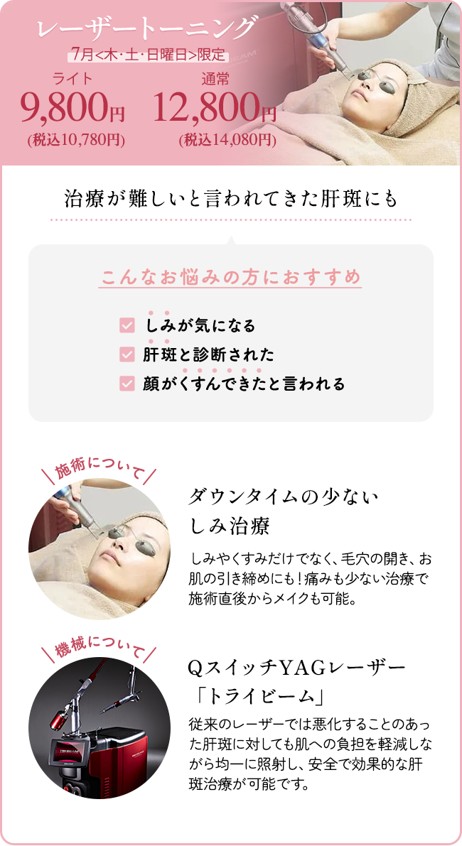 レーザートーニング 7月<木・土・日曜日>限定 ライト9,800円（10,780円）、通常 12,800円（税込14,080円） 治療が難しいと言われてきた肝斑にも こんなお悩みの方におすすめ「しみが気になる」「肝斑と診断された」「顔がくすんできたと言われる」施術について：ダウンタイムの少ないしみ治療 しみやくすみだけでなく、毛穴の開き、お肌の引き締めにも! 痛みも少ない治療で施術直後からメイクも可能。 機械について：QスイッチYAGレーザー 「トライビーム」 従来のレーザーでは悪化することのあった肝斑に対しても肌への負担を軽減しながら均一に照射し、安全で効果的な肝斑治療が可能です。