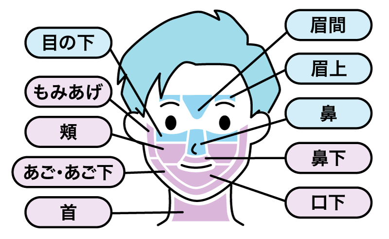 ヒゲ脱毛パーツ もみあげ・頬・あご・あご下・首・おでこ・眉間・鼻・鼻下・口下