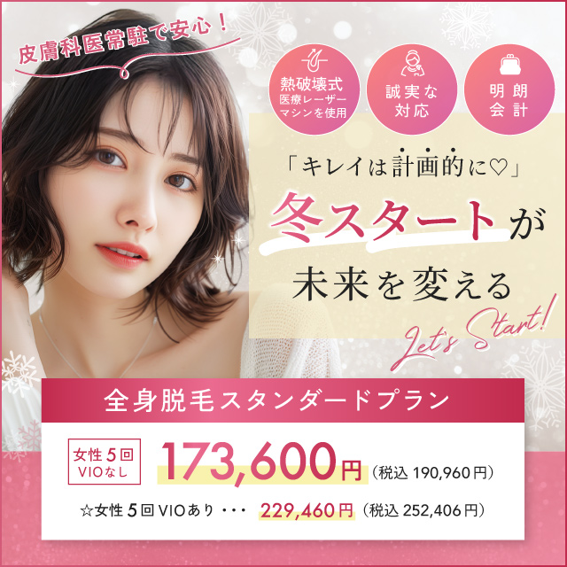 12月おすすめ｜全身医療脱毛 女性5回 173,600円(税込190,960円)